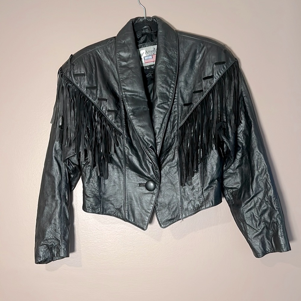 1980s Black leather fringed jacket with beaded details